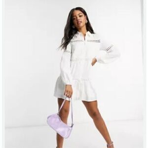 In The Style x Lorna Luxe Bell Sleeve Cotton-Trim White Shirt Dress Boho Tiered